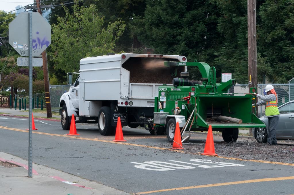 A tree crew feeding brush into a chipper beside their truck on a residential street